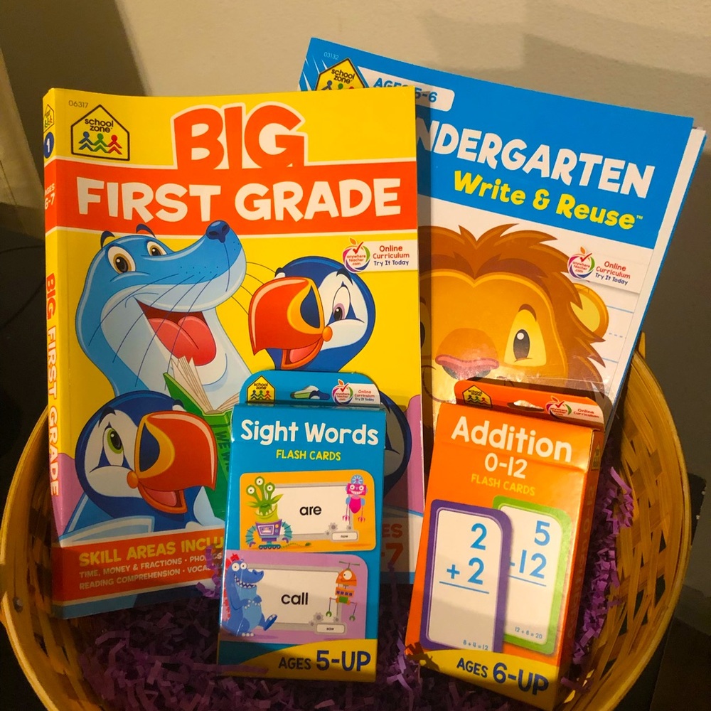 Kids learning books and cards.
